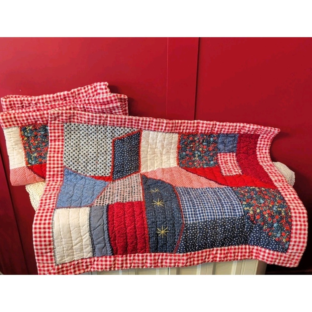 pair of 2 Quilted patchwork shams red checkered standard Cotton pillow cases